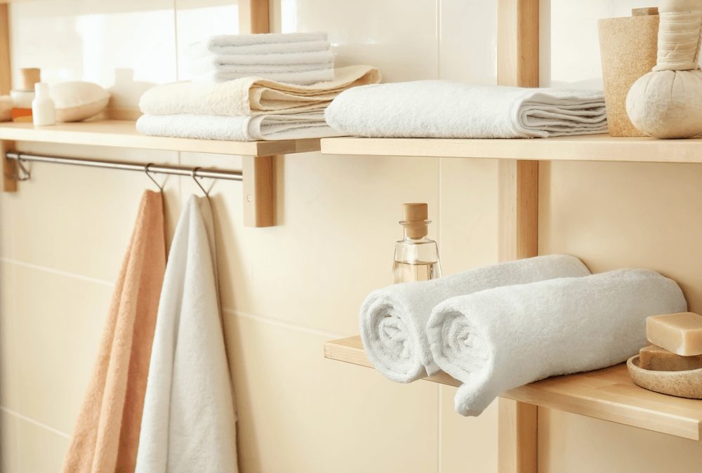 Towel Storage  Bathroom hand towels display, Hand towels bathroom, Towel  basket bathroom